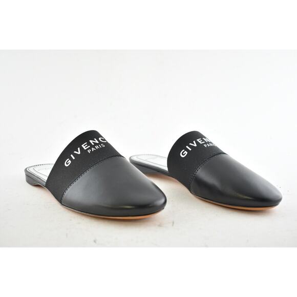 Givenchy Mule Bedford Black Leather White Logo Backless Slide Slip On Flat 36.5 - Picture 2 of 4